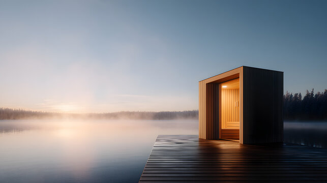A serene sauna on a wooden dock by a misty lake at sunrise, offering a tranquil escape into nature.