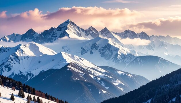 Majestic snow-capped peaks rise dramatically into a pastel sky. Soft clouds drift, complementing the rugged, jagged mountain range. Rolling hills in the foreground - Powered by Adobe
