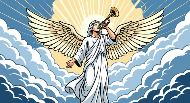 Majestic angel blowing trumpet in a heavenly sky, beautiful wings spread wide, radiating divine light, perfect for religious art or spiritual themes