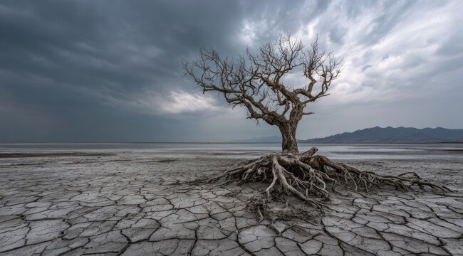 A lone, leafless tree with exposed roots stands on cracked, parched earth, facing a vast, cloudy sky