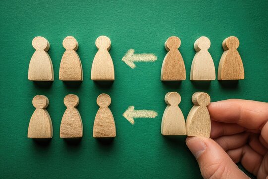 Wooden figures arranged in rows on a green surface.  Two rows of figures, one being moved to the other.  Hand holding one figure.  Chalk arrow indicates movement