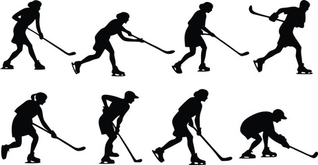 Naklejka premium Hockey player silhouette icon set. Includes eight different poses and actions. Created in black silhouette style.