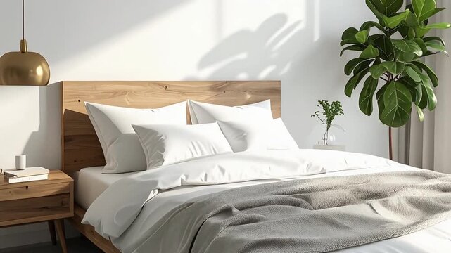 白い寝具と木の温もりあるベッドが映えるナチュラルモダンな寝室
