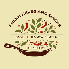 Fresh herbs and spices illustration with pan and colorful leaves  