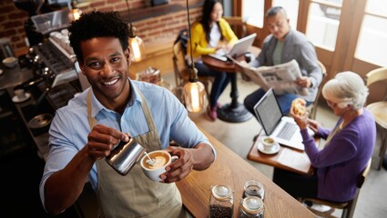 Fototapeta premium Barista preparing a latte in a cozy café setting with customers enjoying