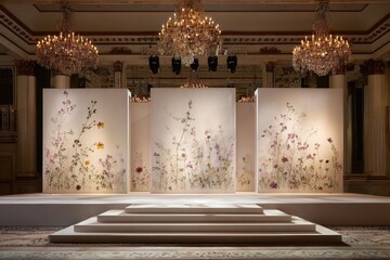 Floral displays on risers in a grand hall