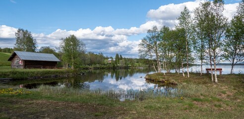 Obraz premium Lake at Storsjo Chapel in Harjedalen, Sweden.