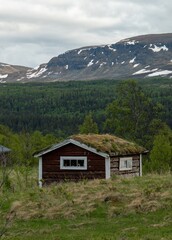 Small house in meadows in Bruksvallarna, Harjedalen, Sweden.