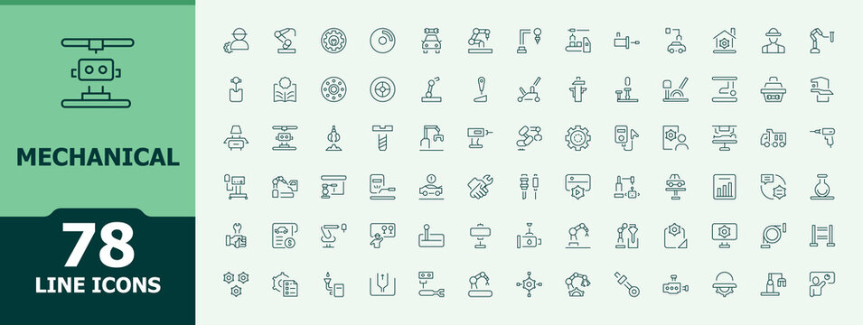 Mechanical line icon set. Mechanic modern icon set. Contains outline symbols like maintenance, tool, mechanic, engine, engineering, equipment and more. Editable vector. Pixel perfect.