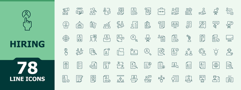 Hiring linear icon collection. Line icons with editable stroke. Pictogram and infographic. Hunting icon set. Related to job, man, employee, professional, head, interview and more.