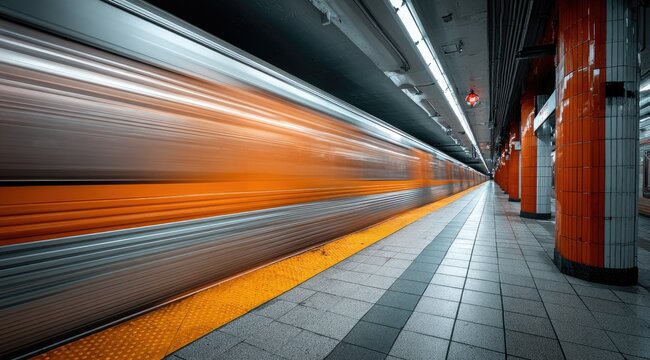 Orange subway train streaks through a station