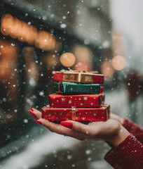 Woman's hand holding Christmas gift boxes in falling snow