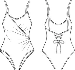 One-piece swimsuit technical flat sketch, fashion CAD drawing, vector illustration apparel design, asymmetrical draped front, lace-up scoop back