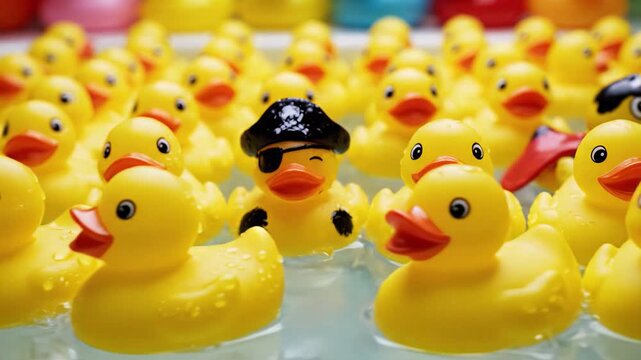 Cluster of yellow rubber ducks floating in shallow water, playful bath toys with pirate hat, eyepatch and bandana details at a carnival game booth, glossy droplets and ripples, cheerful kids bath time