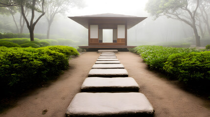 A serene garden path leads to a tranquil pavilion surrounded by lush greenery and mist, creating a peaceful atmosphere.