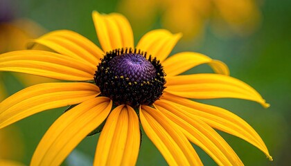 Black Eyed Susan Flower With Yellow Petals And Dark Center Macro Shot With Blurred Green Background In Natural Daylight