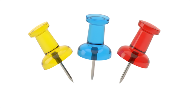 Colorful push pins isolated on white background for office and stationery use