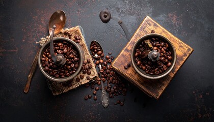 Overhead shot features antique coffee grinders filled with roasted beans, surrounded by loose beans and decorative spoons on a dark, rustic surface