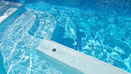 Overhead shot of a pool with clear, turquoise water. Sun illuminates the surface, highlighting the ripples and steps. The diving board is off-white