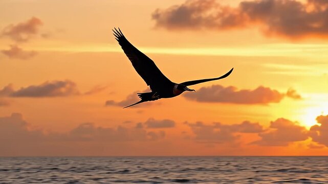 Frigatebird Flying Silhouette Over Ocean at Golden Sunset