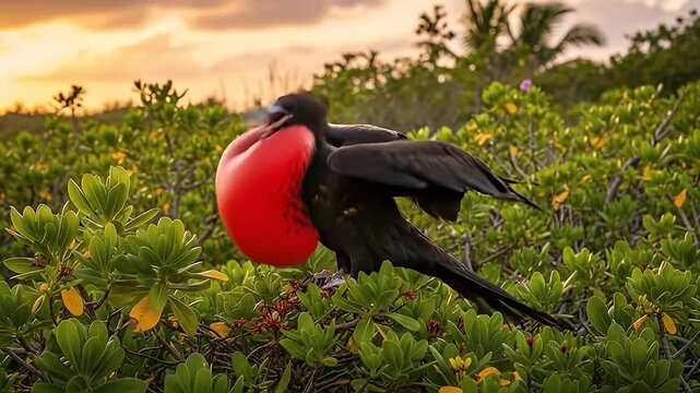Magnificent Frigatebird displays inflated red gular pouch at sunset
