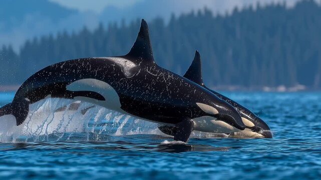 Two Killer Whales Breaching Surface of Blue Ocean Waters in Daylight