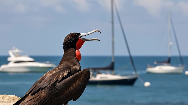 Magnificent Frigatebird Against Ocean Backdrop With Sailboats