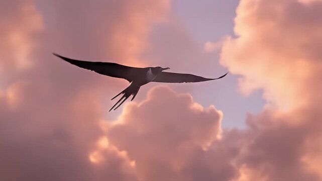 Frigatebird flying high in dramatic sunset sky with colorful clouds