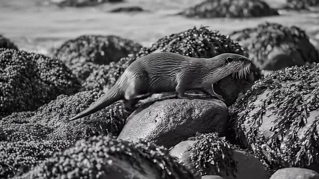Sea Otter Climbs Black and White Rocky Shore Wildlife Nature