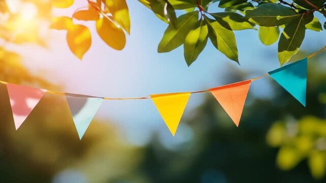 Colorful triangular flags strung on a line against a bright, sunlit, natural background