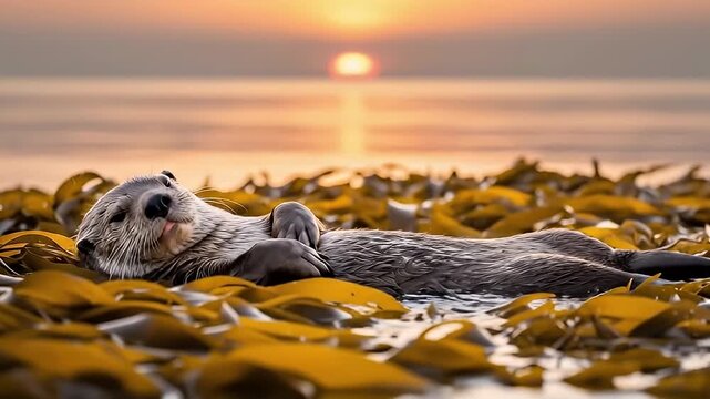 Resting Sea Otter Floating Among Golden Kelp at Sunset