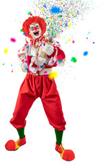 Funny clown pulling carnival cracker. Entertainer Joker in colorful suit and wig.Trickster, jester, pantomime, mime whiteface makeup. Professional actor at event, kids party, circus