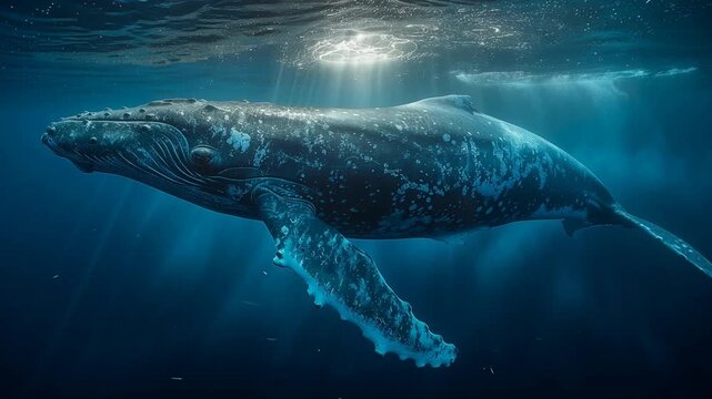 Artistic Humpback whale swimming underwater, sun rays, vibrant blue ocean