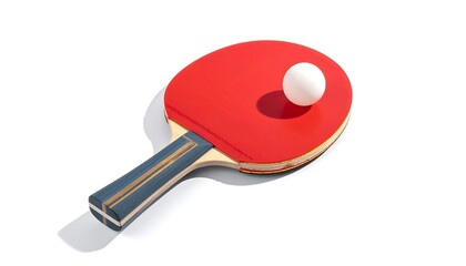 Overhead shot of a red ping pong paddle with a white ball, casting a shadow on a white background, perfectly lit