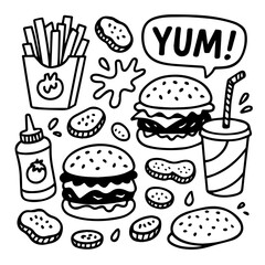 Fast Food Doodle Set – Burger, Fries, Soda, and Snack Illustration in Black and White
