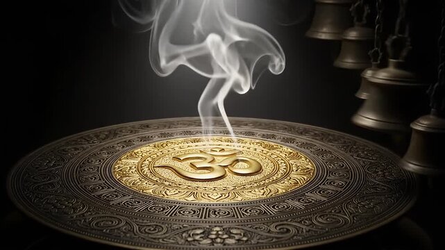 Golden Om symbol on ornate plate rising incense smoke temple bells