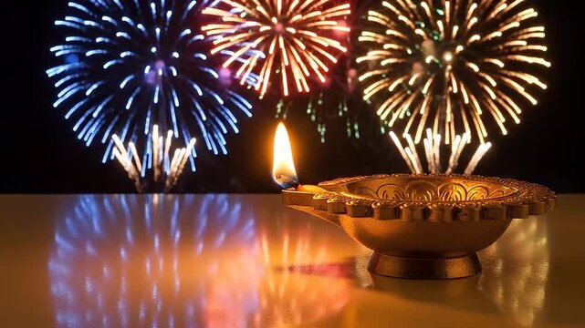 Diwali Diya lamp and colorful fireworks celebrating Hindu festival of lights
