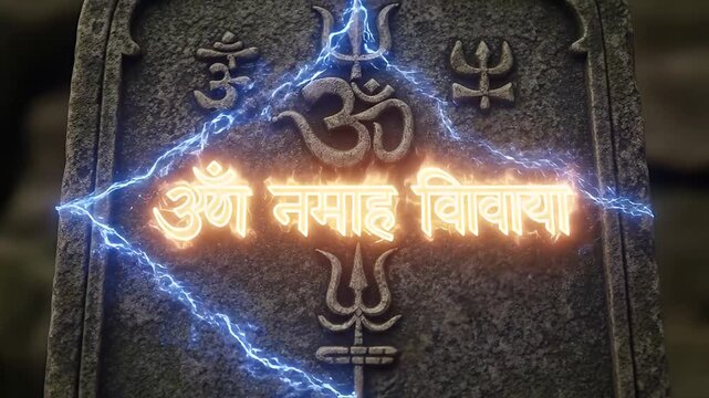 Om Namah Shivaya Mantra Text Stone Engraving Glowing Electric Power