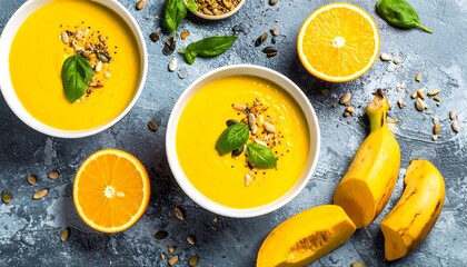 Overhead shot features two bowls of vibrant orange soup, an orange half, banana segments, and scattered seeds and leaves on a textured surface