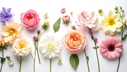 Overhead shot features various blossoms of varying colors and sizes arranged on a stark white background, creating a vibrant floral display