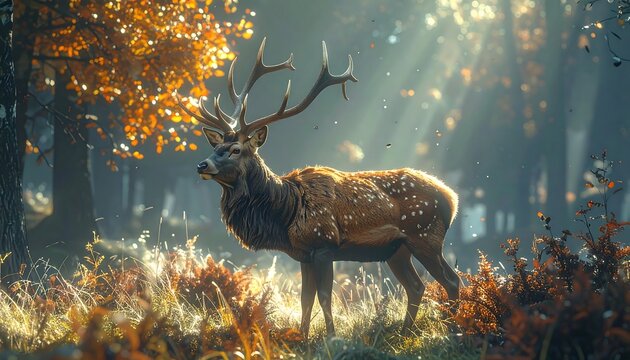 Majestic stag in a sunlit forest scene. Sunlight streams through the autumn foliage, illuminating the stag and its antlers
