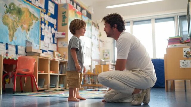Guidance and Understanding: A caring father and son share a moment of connection in a brightly lit classroom, engaging in a meaningful dialogue.