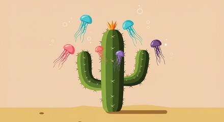 Surreal Cactus with Jellyfish and Crown.