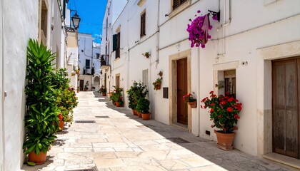 Narrow cobblestone street in a sunlit village with whitewashed buildings, flower pots, and lush greenery. A bright blue sky overhead