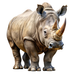 Obraz premium A majestic white rhinoceros with a prominent horn stands powerfully on a transparent background isolated on transparent background