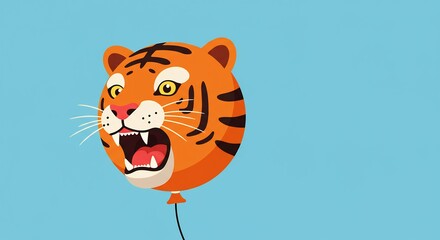 Tiger Head Balloon Floating in Blue Sky.