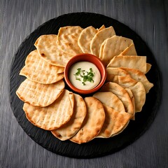 Overhead shot of a round black platter filled with toasted flatbread arranged around a small terracotta bowl of white dip, garnished with parsley