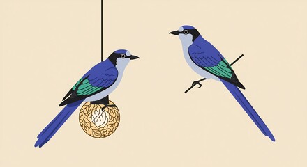 Two Blue Birds with Green Wings on a Beige Background.