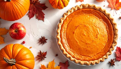 Overhead shot featuring a pumpkin pie surrounded by autumn foliage, pumpkins, apples, and star anise. The scene is a festive holiday arrangement