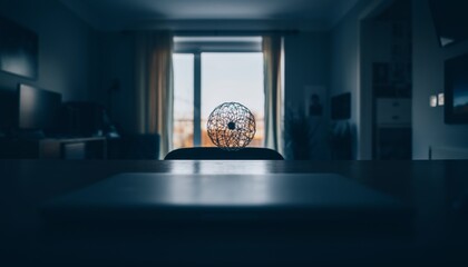 Conceptual over-the-shoulder shot from a dark desk, sharp focus on a distant object (portrait/plant) across the room.